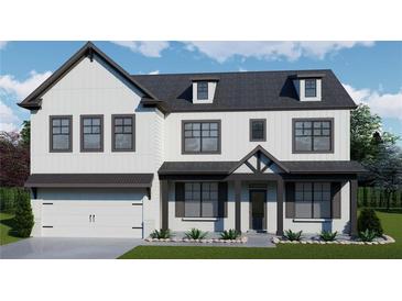 Two-story home with white siding, dark trim, and a covered front porch providing stylish curb appeal at 420 Westmarch Cir, Loganville, GA 30052