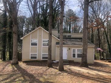 Charming home featuring neutral paint, white trim, and an American flag, all surrounded by mature trees at 6831 Lismore Dr, Norcross, GA 30093