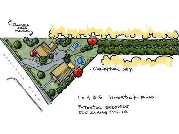Conceptual aerial view of a residential lot with two houses, a pool, landscaping, and zoning information at 10485 Woodstock Rd, Roswell, GA 30075