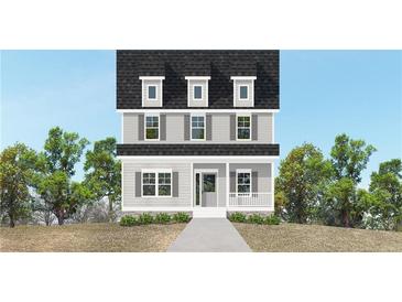 New construction, 3-story home featuring gray siding, gray shutters, and a charming front porch at 3135 Stonegate Sw Dr, Atlanta, GA 30331