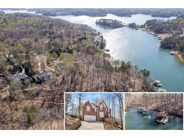 Stunning aerial view of lakefront property featuring lush greenery and private boat docks at 7725 Bold Springs Xing, Cumming, GA 30041