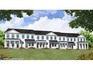 Charming new townhomes with white siding, black trim, and covered front porches offer inviting curb appeal at 54 Black Gum Ln # 48, Auburn, GA 30011