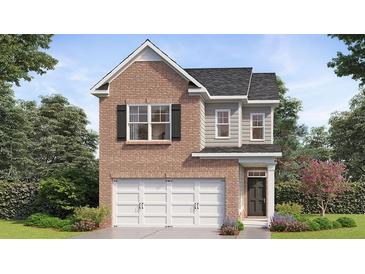 Charming two-story home featuring a brick facade, white garage door, and well-maintained landscaping at 12098 Conrad Cir, Hampton, GA 30228
