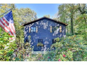 Charming blue home with an American flag, surrounded by lush greenery at 8530 Hightower Trl, Snellville, GA 30039