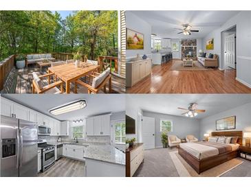 Cozy home featuring a deck, open living area, modern kitchen, and comfortable bedroom at 904 Little River Ln, Woodstock, GA 30189