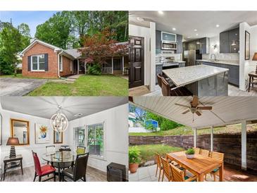 Real estate collage showing the kitchen, front of house and covered back porch at 1899 Cooper Landing Se Dr, Smyrna, GA 30080