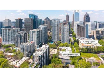 Stunning aerial view of city skyline showcasing 244 13th St Unit 310 and nearby Colony Square at 244 13Th Ne St # 310, Atlanta, GA 30309