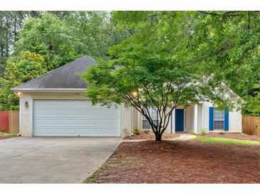 Charming single-story home features a two-car garage, manicured lawn, and inviting entrance with a blue door and blue shutters at 209 Southerness Ct, Stockbridge, GA 30281