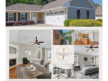Charming single story home featuring an attached two car garage and manicured landscaping at 308 Jessica Way, Canton, GA 30114
