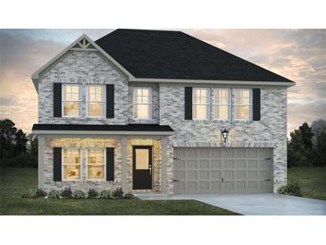 Charming two-story home with light brick, black shutters, and a covered front porch, showcasing curb appeal at 390 River Walk Farm Parkway Lot 47, Covington, GA 30014