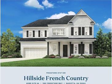 Charming Hillside French Country home with white brick, black shutters, and professionally landscaped front yard at 1981 Freestone Way, Marietta, GA 30064