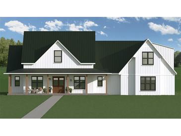 Charming farmhouse-style home with white siding, black window frames, metal roof, and inviting front porch at 349 Morgan Rd, Temple, GA 30179