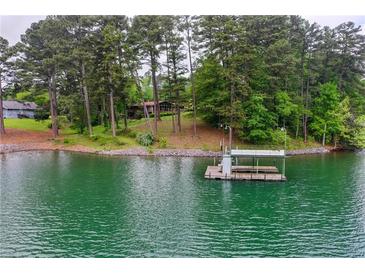Beautiful lakefront view with a covered dock and lush trees surrounding the property on a sunny day at 3865 Adams Rd, Cumming, GA 30041