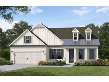 Charming one-story home showcasing a white brick facade, dormer windows, an attached garage, and a professionally landscaped front yard at 350 Brooke View Trl, Canton, GA 30115