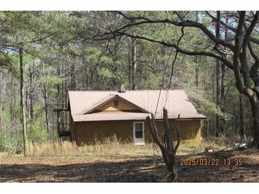 Charming exterior view of home with metal roof, wood siding and covered side porch surrounded by mature trees at 8740 Atlanta Newnan Rd, Chattahoochee Hills, GA 30268