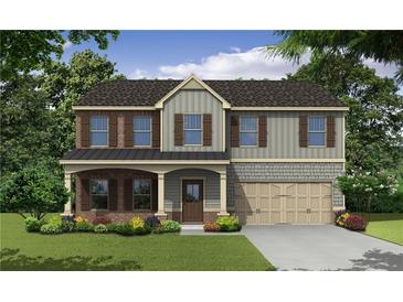 Charming two-story home with a mix of brick, gray siding, and a welcoming covered porch at 496 Charleston Pl, Villa Rica, GA 30180