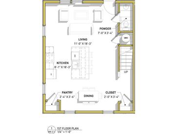 Open-concept floor plan featuring a spacious living area, kitchen, dining, and powder room on the first floor at 960 Lawton Sw St, Atlanta, GA 30310