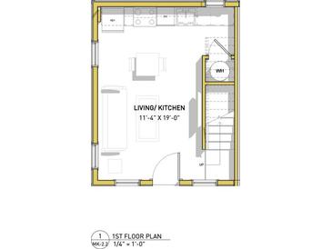 Layout of the first floor combining living and kitchen space, detailed with dimensions and appliance locations at 973 Peeples Sw St, Atlanta, GA 30310