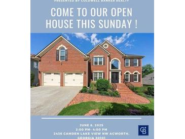 Real estate flyer promoting an open house for a brick home with a two-car garage and landscaped front yard at 2436 Camden Lake Nw Vw, Acworth, GA 30101