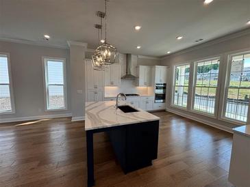 Bright kitchen features a large island with a white marble countertop and stainless steel appliances at 173 Basil St, Cumming, GA 30040