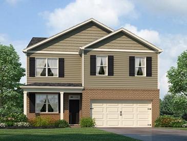 Two story home has a brick foundation, neutral siding, black shutters, manicured yard and an attached two car garage at 8219 Coldstream Dr, Fairburn, GA 30213
