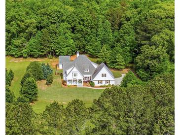 Aerial view of a charming white home with a well-manicured lawn surrounded by lush green trees at 300 Massengale Rd, Brooks, GA 30205