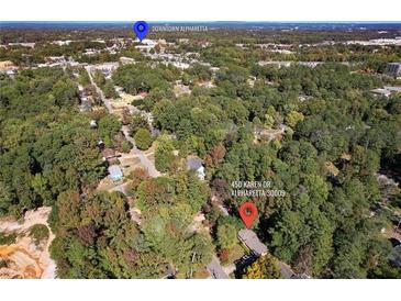 Serene aerial view of 450 Karen Dr, Alpharetta GA 30009, nestled among lush greenery near vibrant downtown Alpharetta at 450 Karen Dr, Alpharetta, GA 30009