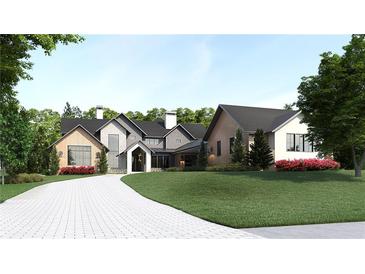 An inviting front view showcases the home's unique architecture and manicured landscaping at 250 Mayfield Rd, Alpharetta, GA 30009