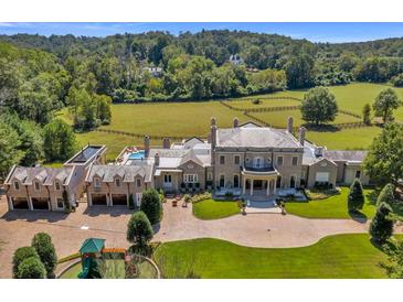 Expansive estate showcasing the home, a pool, manicured lawn, and paddock surrounded by lush greenery at 1040 W Conway Nw Dr, Atlanta, GA 30327