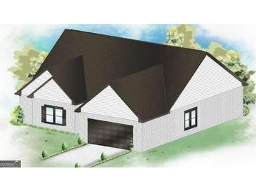 Charming rendering of a one-story home featuring a classic design, attached garage, and meticulously maintained lawn at 1007 Towne Cir, Social Circle, GA 30025