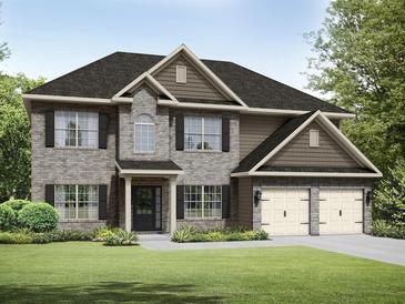 Charming two-story home featuring a mix of stone and siding, complemented by a well-manicured lawn and a two car garage at 3272 Lions Ruby Ln, Atlanta, GA 30349