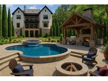 Stunning backyard featuring a pool, jacuzzi, fire pit, outdoor kitchen, and a covered patio with a fireplace at 10765 Shallowford Rd, Roswell, GA 30075