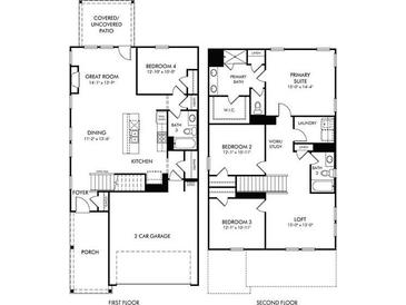 A detailed floor plan showcasing the layout of the entire home, including room dimensions and garage at 5045 Paravicini Pl, Cumming, GA 30041