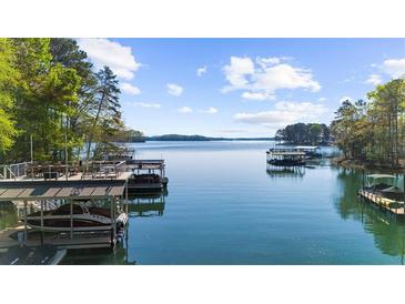 Scenic lake view featuring boat docks and calm waters under a partly cloudy sky in a wooded area at 3030 Heatherstone Dr, Cumming, GA 30041