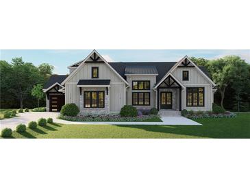 Beautiful new construction home featuring a paved driveway, landscaping, and attractive gray exterior at 2468 Rockbridge Nw Rd, Conyers, GA 30012