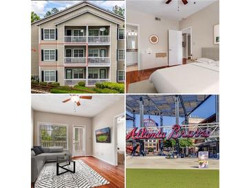 Exterior view of condo showing balconies, multiple floors, nearby Truist Park and bedroom interior at 1250 Parkwood Se Cir # 1203, Atlanta, GA 30339