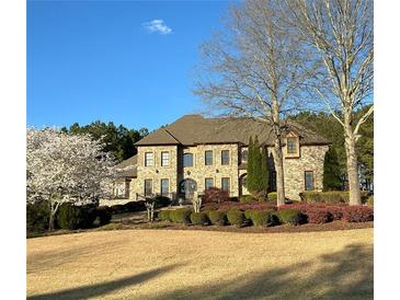 Beautiful brick home with manicured lawn, mature trees, and meticulously maintained landscaping at 105 New Castle Ln, Tyrone, GA 30290
