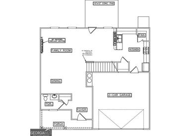 Layout of home with Gathering room, kitchen, dining, garage and porch outlined in this open-concept floor plan at 748 Great Oak Pl, Villa Rica, GA 30180