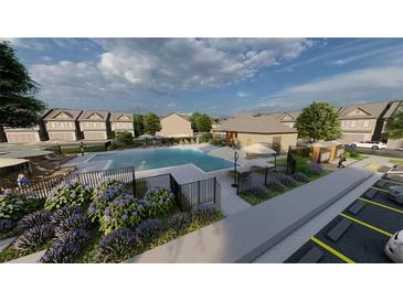 Community pool with lounge chairs, umbrellas, and landscaping at 6236 Kenbrook Dr, Tucker, GA 30084