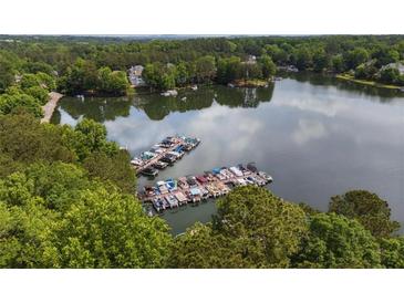 Scenic aerial view of a lake community with private boat docks and lake access at 5065 Harbour Ridge Dr, Alpharetta, GA 30005