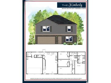 Illustration of Kimberly home exterior with a 2-car garage, gray siding, and a beautifully landscaped front yard at 115 Deer Xing, Temple, GA 30179