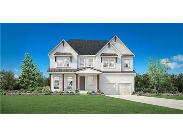 Charming two-story home featuring a brick facade, covered porch, attached two-car garage, and a beautifully manicured lawn at 7480 Trotting Trl, Cumming, GA 30040