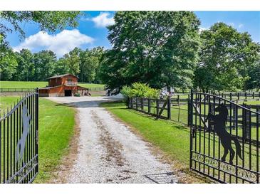 Scenic property featuring a gated entry, barn, and house, nestled amidst lush greenery and a gravel driveway at 1780 Penn Camp Road, Douglasville, GA 30134