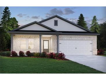 Charming single-story home with white brick, gray trim, lush landscaping, and a two-car garage at 3990 Brushy St, Powder Springs, GA 30127