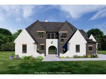 Striking two-story home featuring black and white accents, complemented by a lush green lawn at 7160 Shady Grove Rd, Cumming, GA 30041
