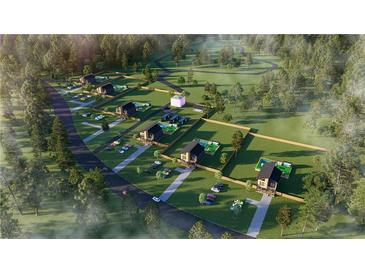 Stunning aerial view of modern homes with private pools in a lush, gated community surrounded by mature trees at 4340 River Rd, Ellenwood, GA 30294