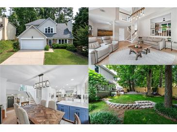 Real estate collage features home exterior, living room, dining and kitchen, and backyard views at 1005 Wellers Ct, Roswell, GA 30076