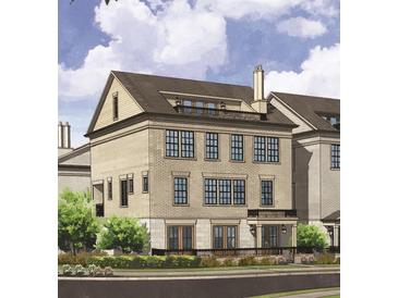 Three-story brick townhouse features dark-trimmed windows, a small balcony, and professional landscaping at 205 Mayfair Ct, Alpharetta, GA 30009