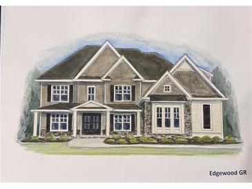 Detailed watercolor of a two-story home featuring gray tones, white trim, and symmetrical window placement at 157 West Lake Blvd, Carrollton, GA 30116
