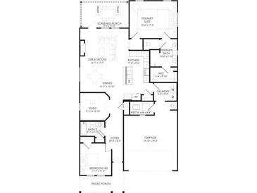 Detailed floor plan showcasing the layout of the home including the great room, kitchen, and primary suite at 108 English Barn Way, Hiram, GA 30141